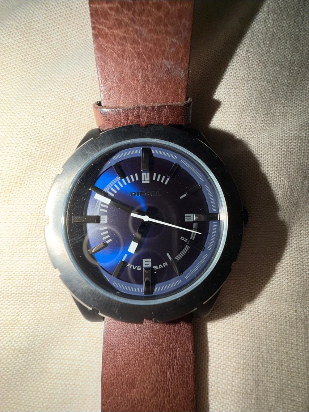 Diesel Men's Brown Leather Strap Watch with Blue Dial